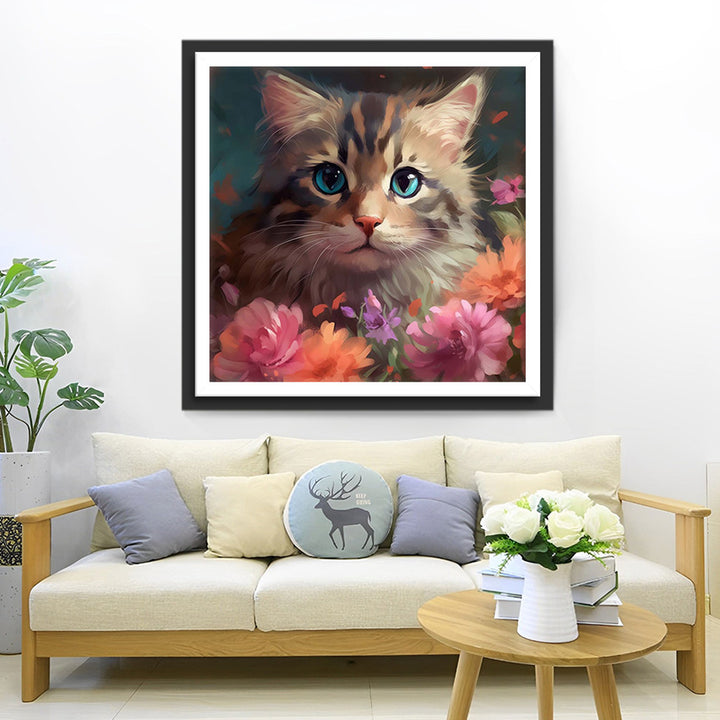 Kleine Kat en Bloemen Diamond Painting