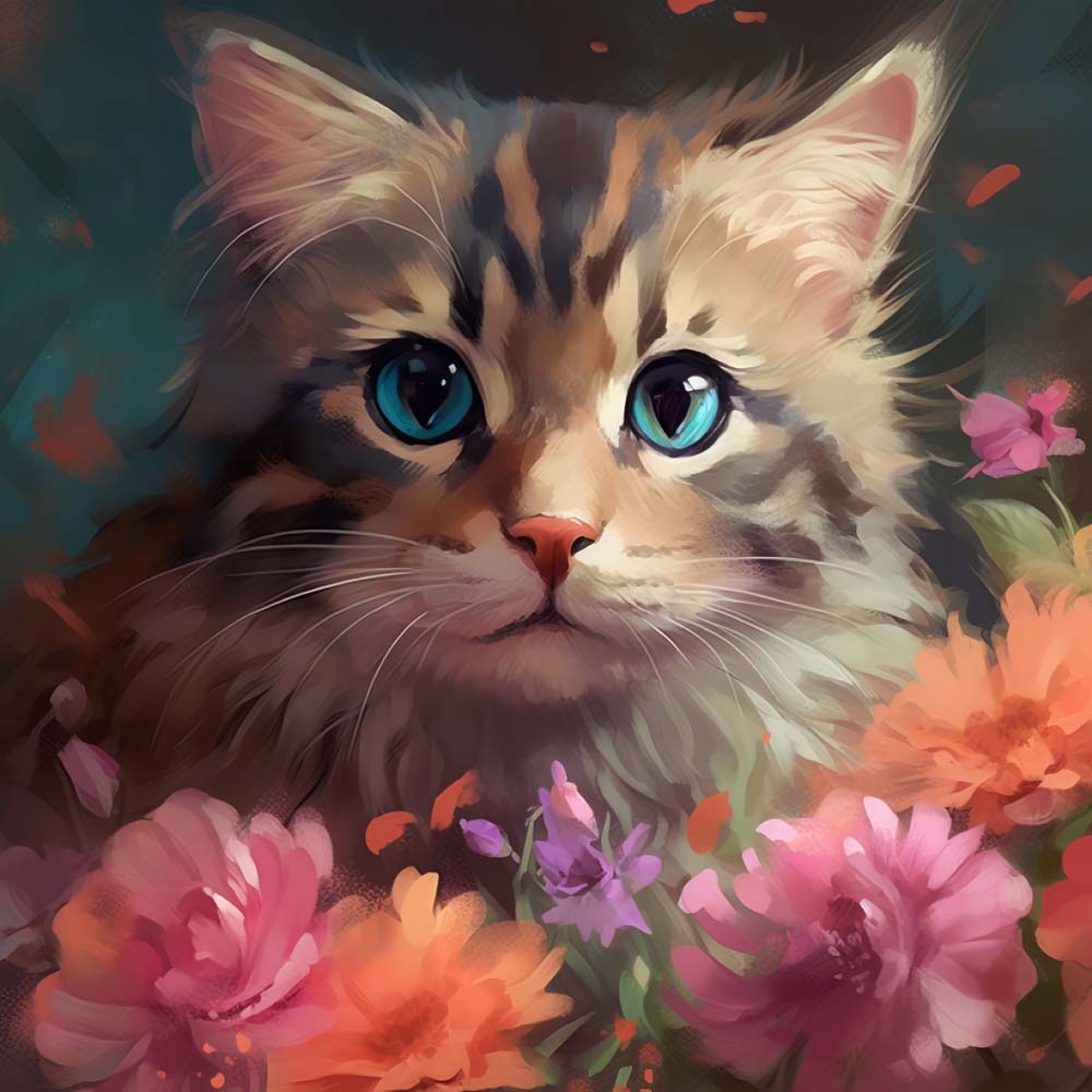 Kleine Kat en Bloemen Diamond Painting