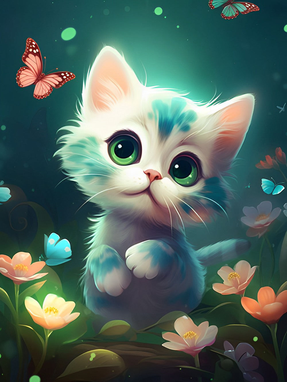 Kleine Kat en Bloemen Diamond Painting