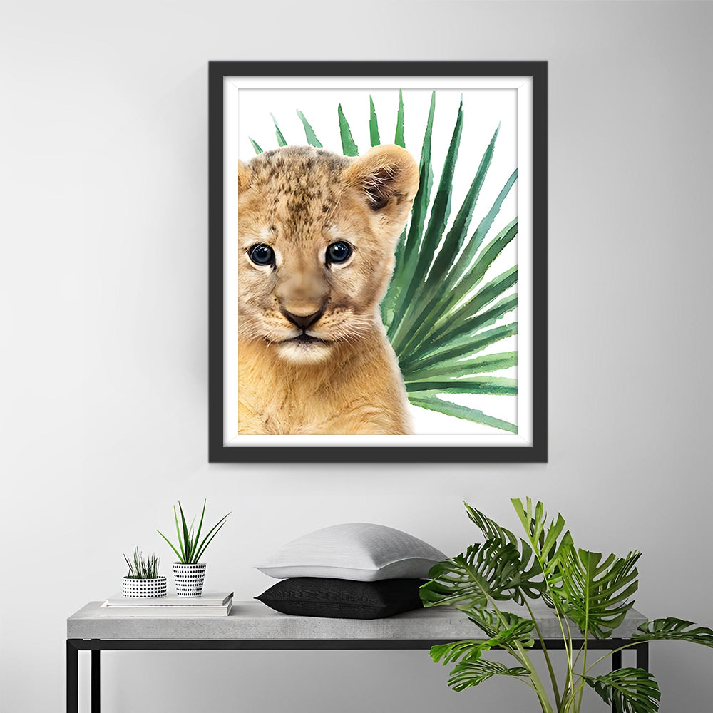 Kleine Leeuw en Groen Blad Diamond Painting