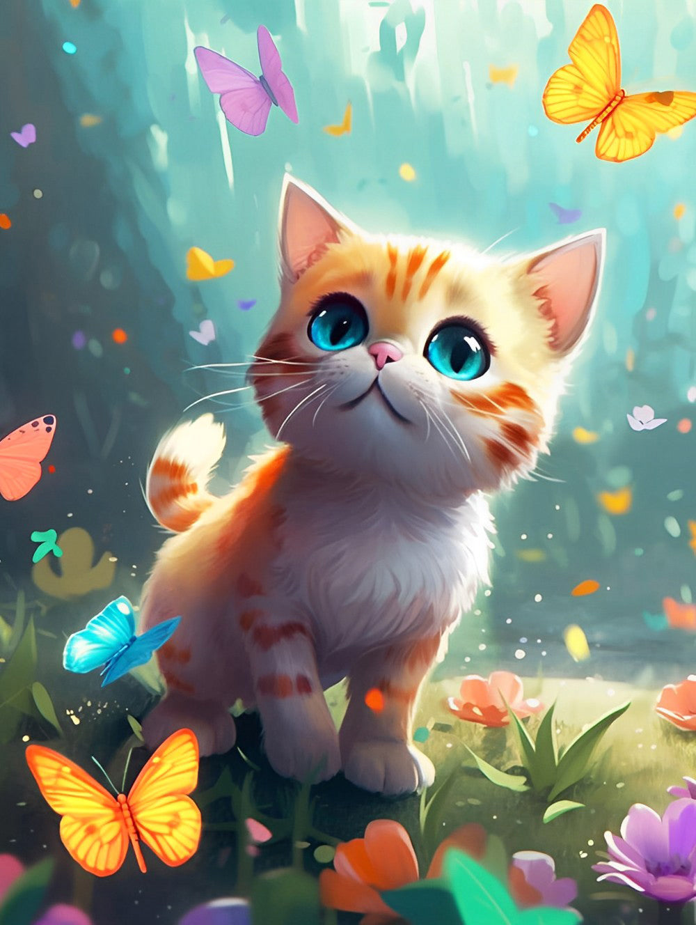 Kleine Oranje Kat Achtervolgt Vlinders Diamond Painting