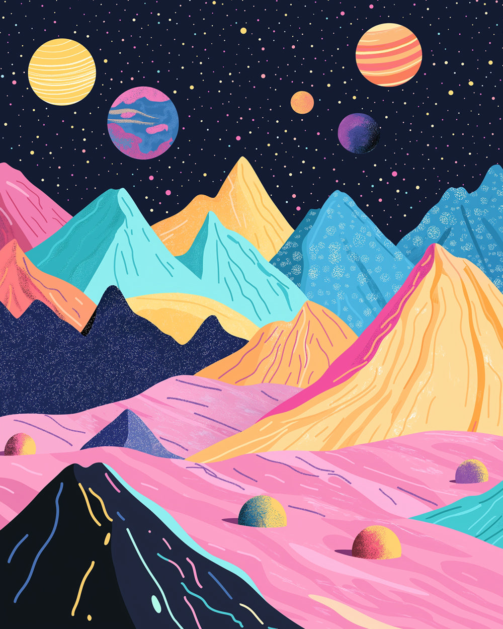 Kleurige Bergen en Planeten Diamond Painting