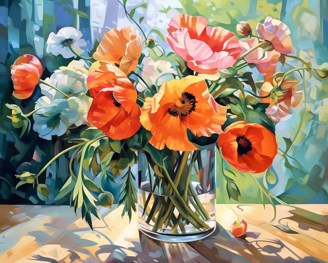 Kleurige Klaprozen in Glazen Vaas Diamond Painting