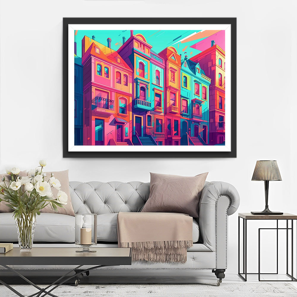 Kleurrijk Geïllustreerde Stadswoningen in Vrolijke Stijl Diamond Painting