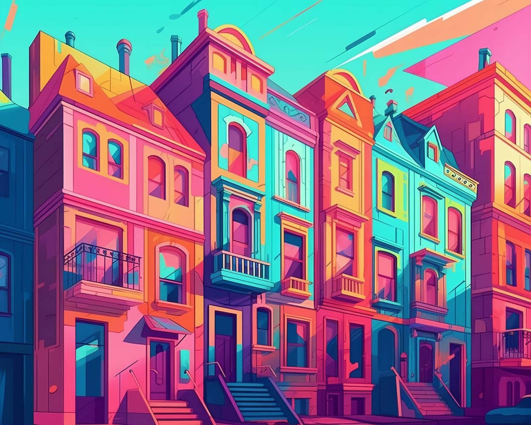 Kleurrijk Geïllustreerde Stadswoningen in Vrolijke Stijl Diamond Painting
