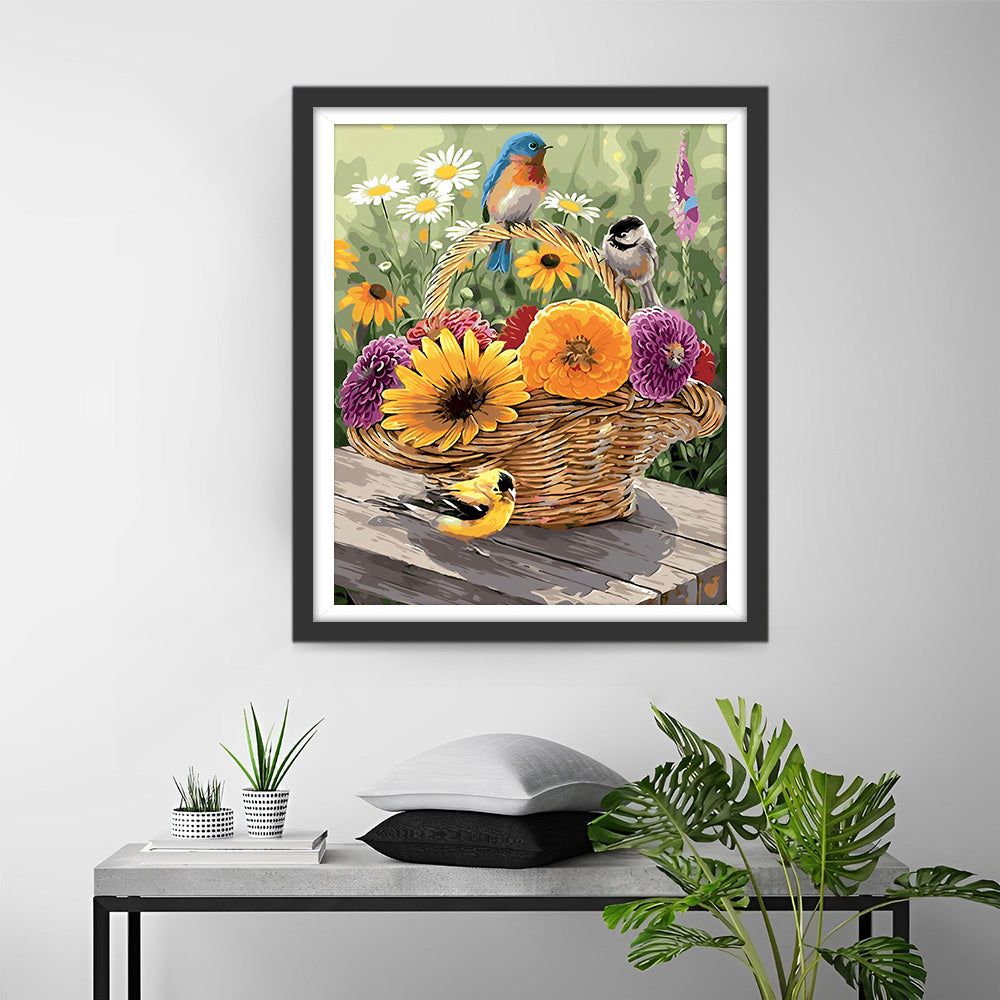 Kleurrijke Chrysanten en Vogels in Mand Diamond Painting