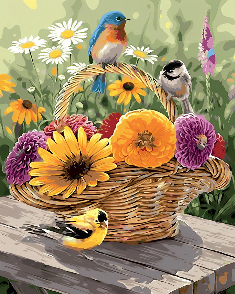 Kleurrijke Chrysanten en Vogels in Mand Diamond Painting