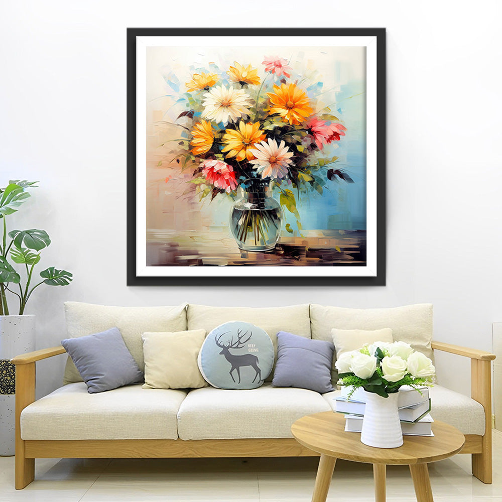 Kleurrijke Chrysanten in Glazen Vaas Diamond Painting
