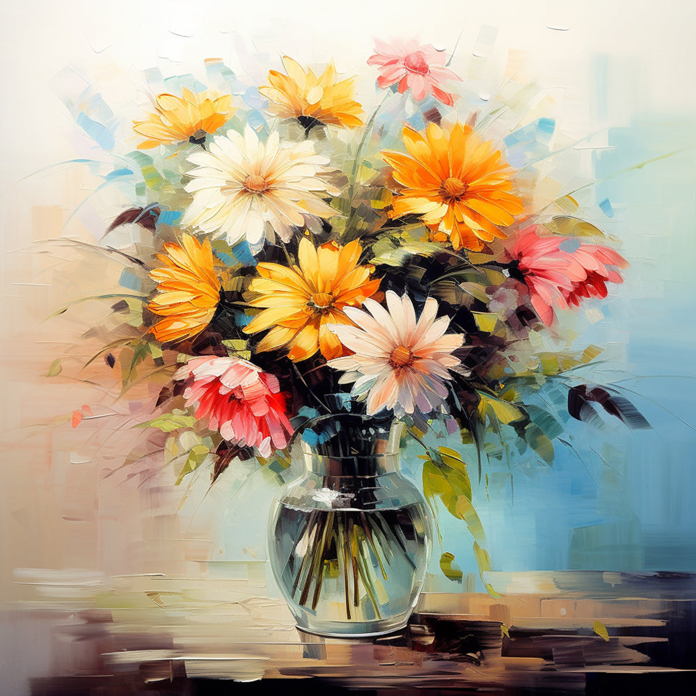 Kleurrijke Chrysanten in Glazen Vaas Diamond Painting