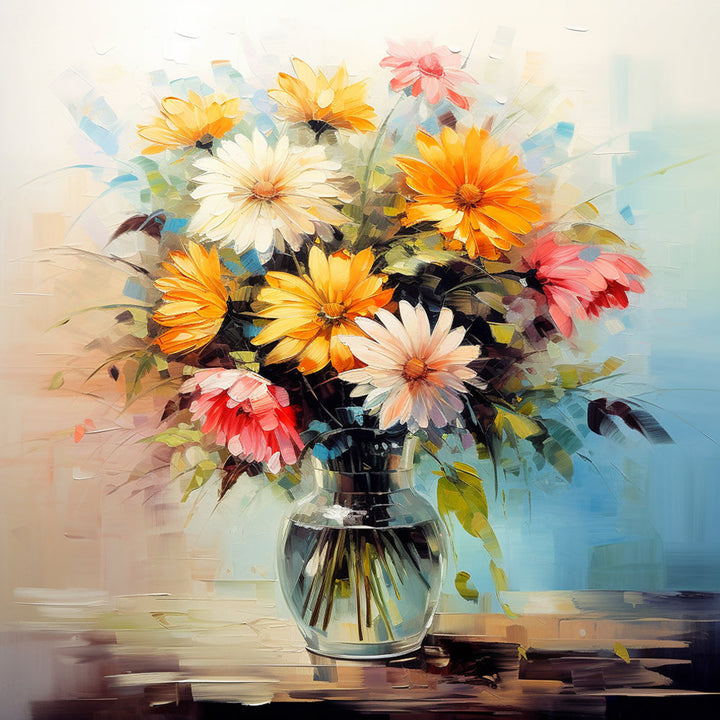 Kleurrijke Chrysanten in Glazen Vaas Diamond Painting