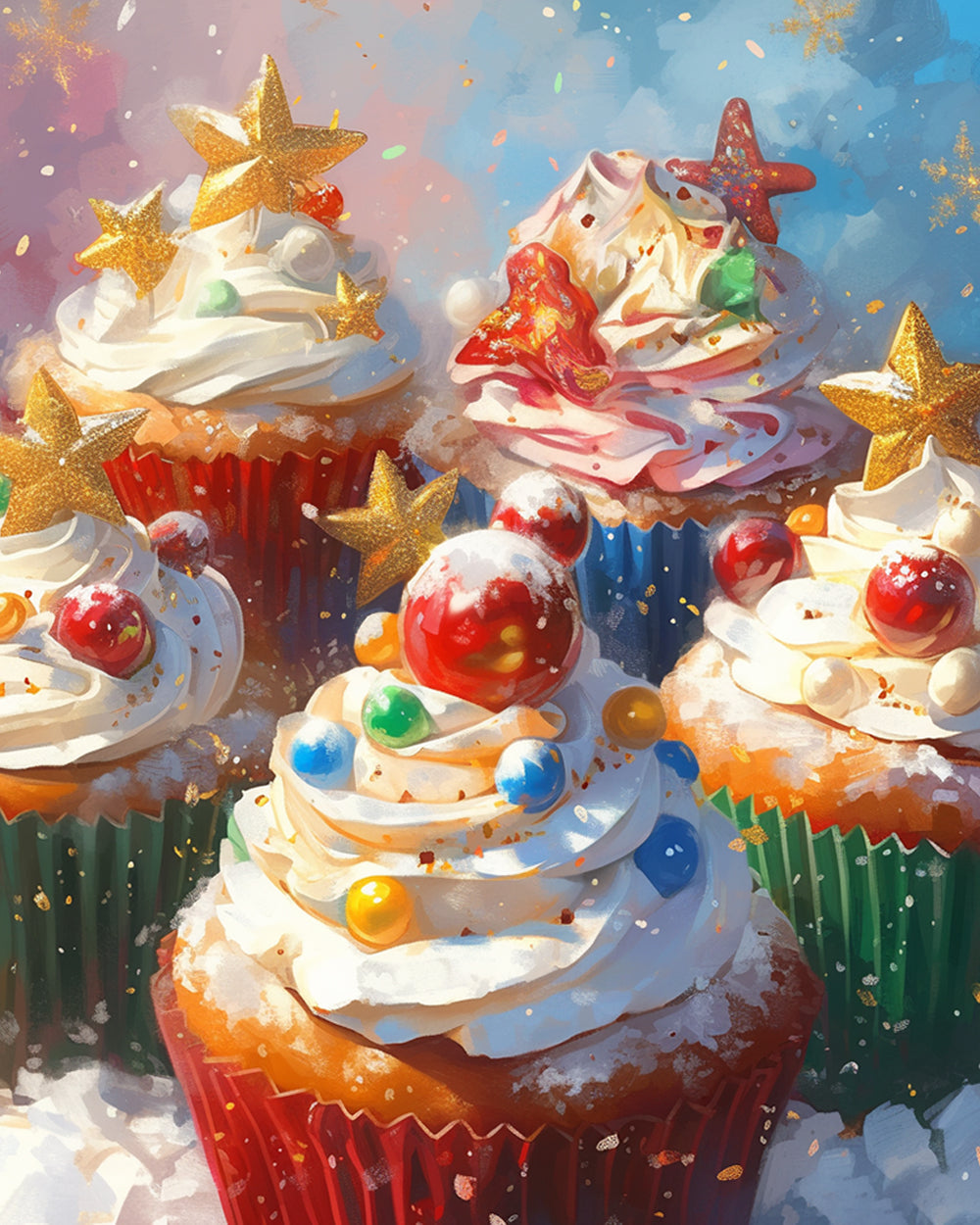 Kleurrijke Cupcakes met Slagroom, Snoepjes en Sterretjes Diamond Painting
