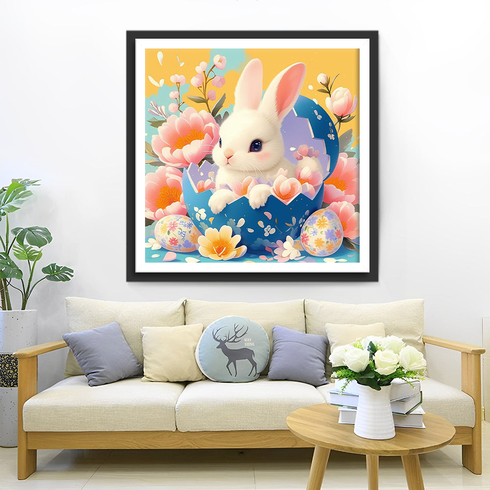 Kleurrijke Eieren en Konijnen in Roze Bloemen Diamond Painting