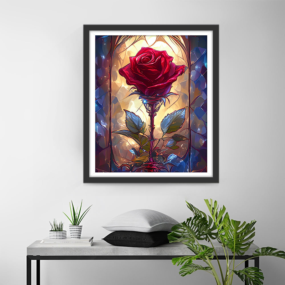 Kleurrijke Glasweergave van Rode Roos Diamond Painting