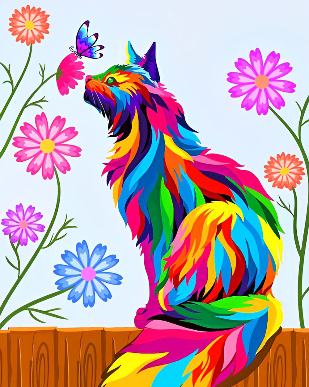 Kleurrijke Kat en Chrysanten Diamond Painting