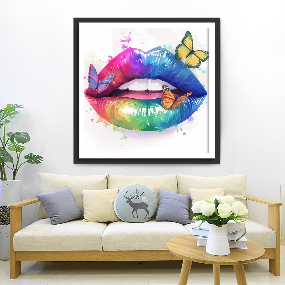 Kleurrijke Lippen en Vlinderdans Diamond Painting