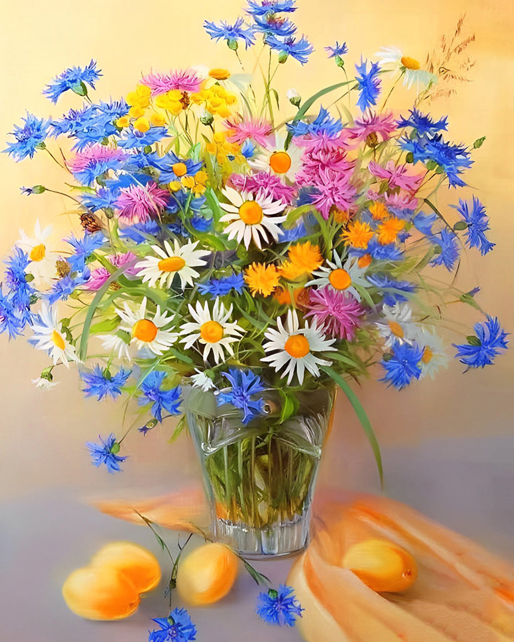 Kleurrijke Madeliefjes in Glazen Vaas Diamond Painting