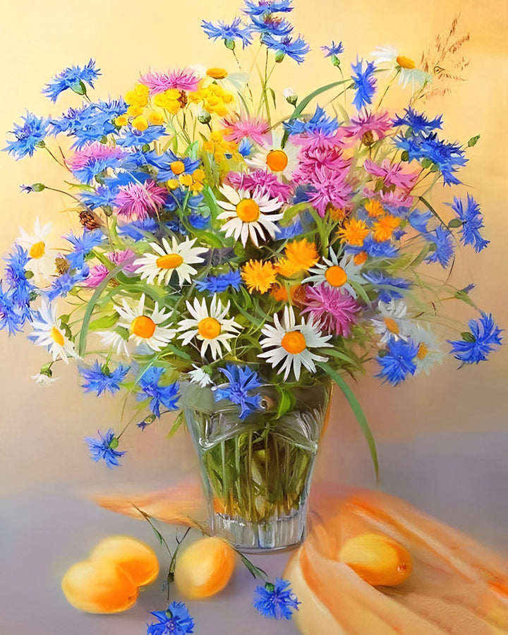 Kleurrijke Madeliefjes in Glazen Vaas Diamond Painting