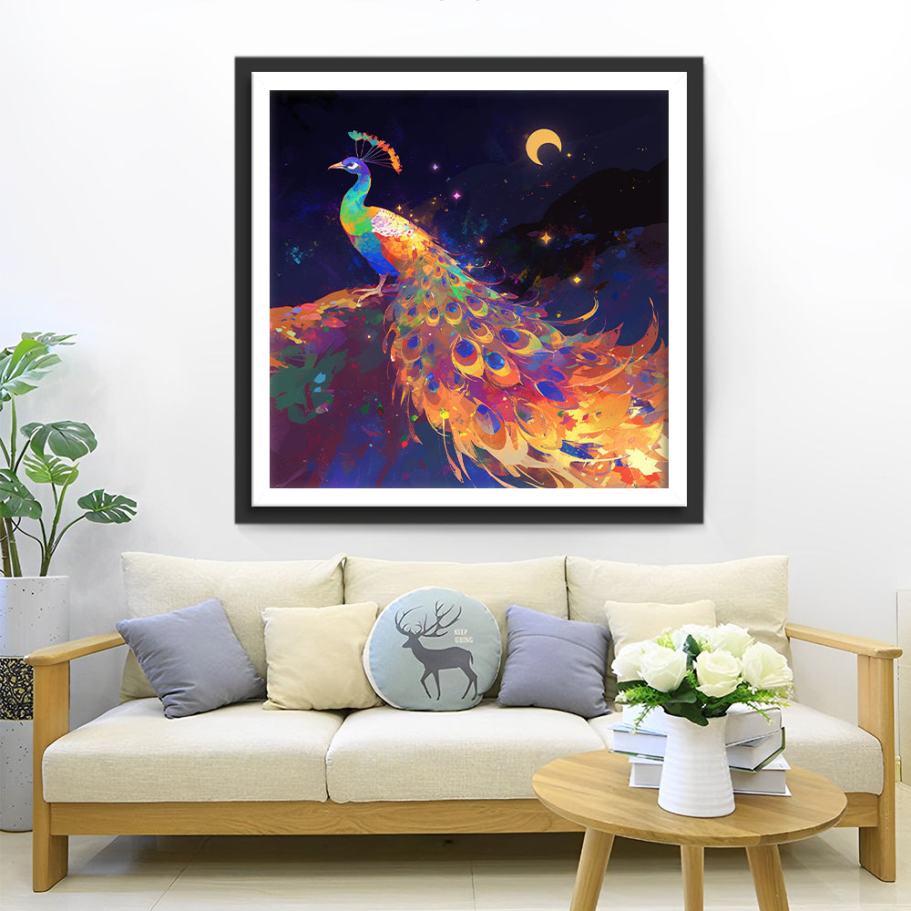 Kleurrijke Pauwen aan de Nachtelijke Hemel Diamond Painting