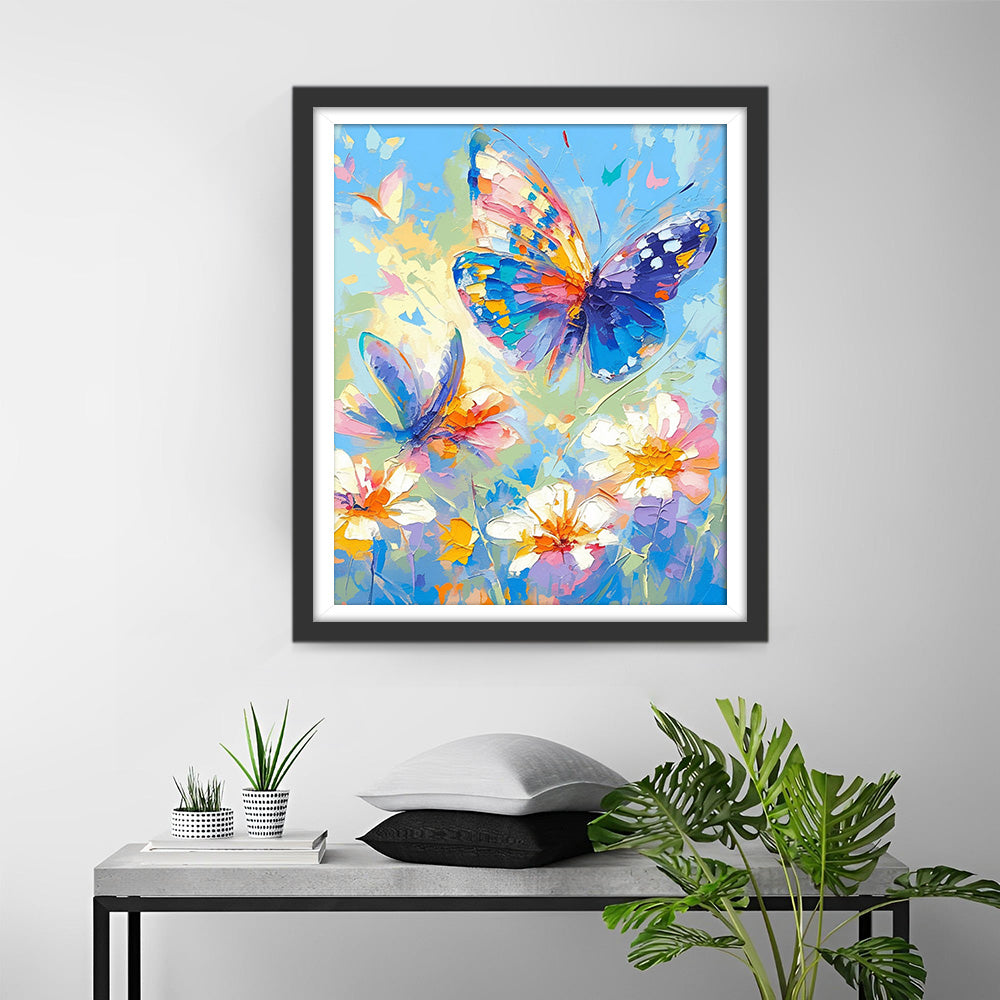 Kleurrijke Vlinder en Witte Bloemen Diamond Painting
