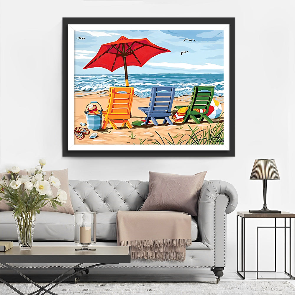 Kleurrijke Zonnebrand Lounge Stoelen op het Strand Diamond Painting