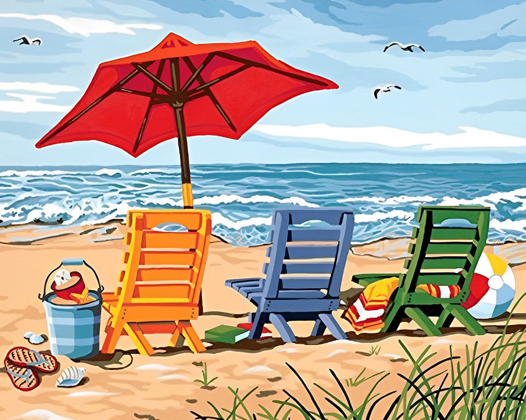 Kleurrijke Zonnebrand Lounge Stoelen op het Strand Diamond Painting