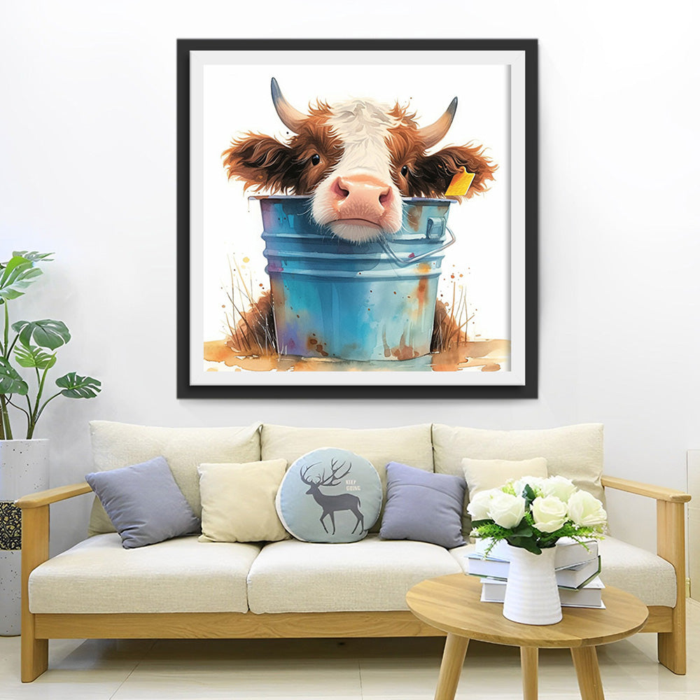 Koe en Blauwe Emmer Diamond Painting