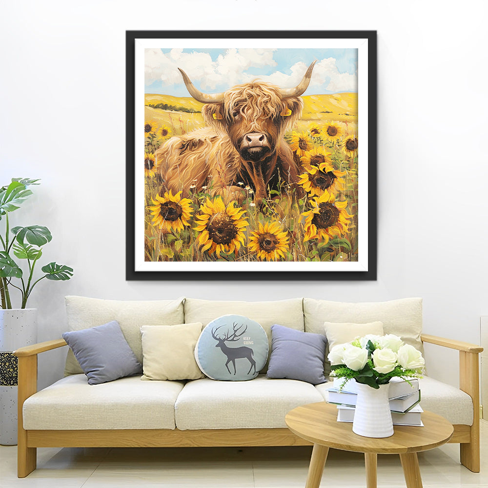 Koe in een Zonnebloemstruik Diamond Painting