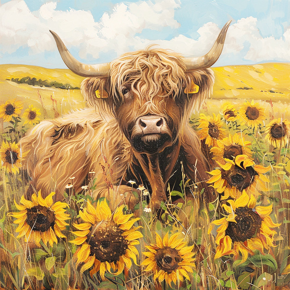Koe in een Zonnebloemstruik Diamond Painting