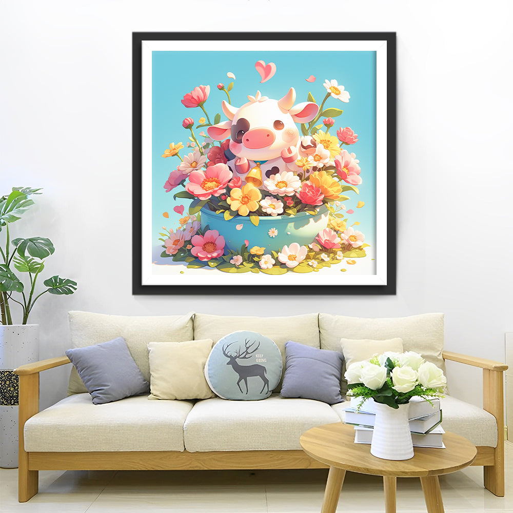 Koe in Kleurrijke Potbloemen Diamond Painting