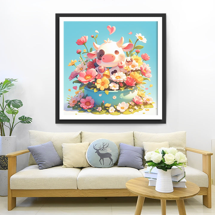 Koe in Kleurrijke Potbloemen Diamond Painting