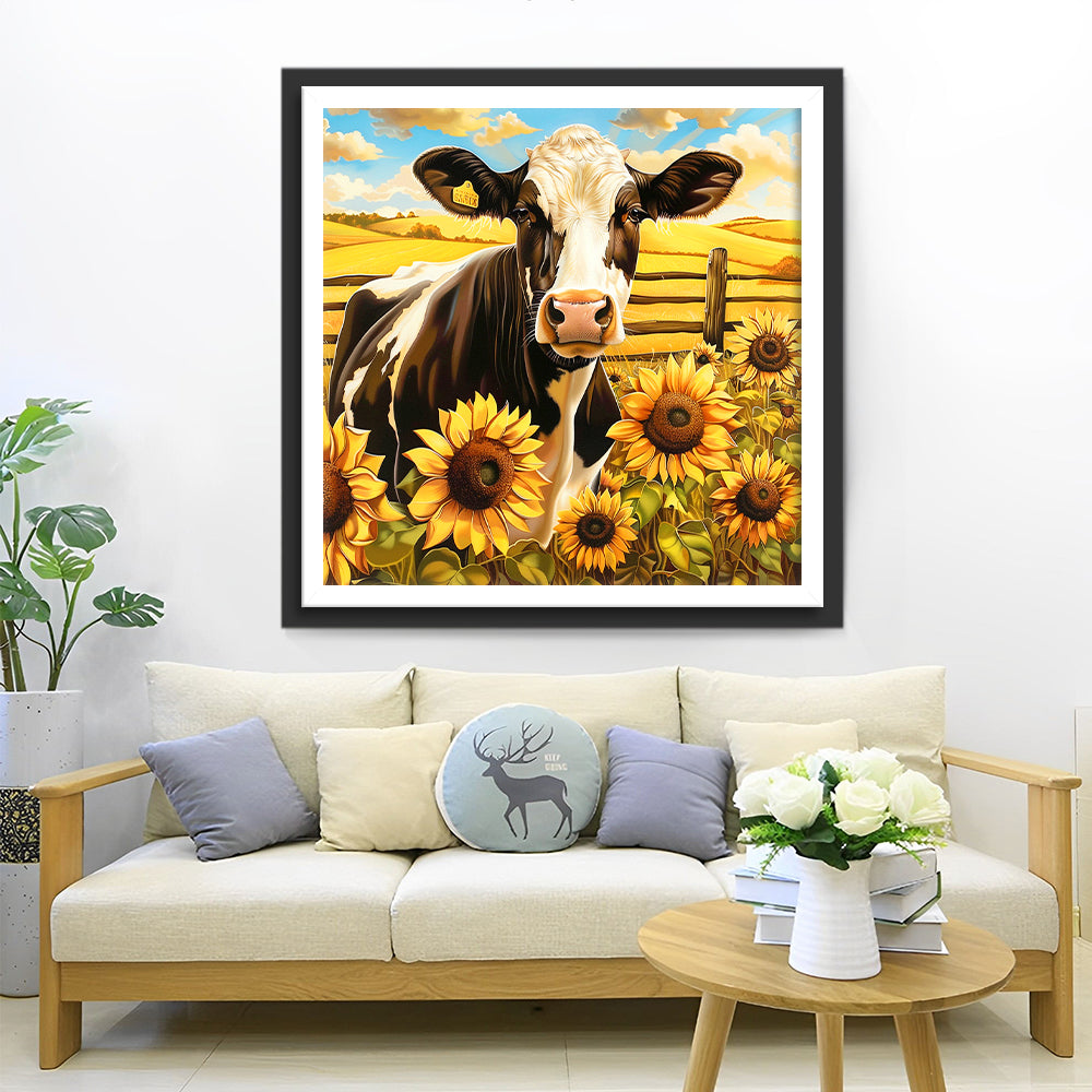 Koe in Zonnebloemstruik Diamond Painting