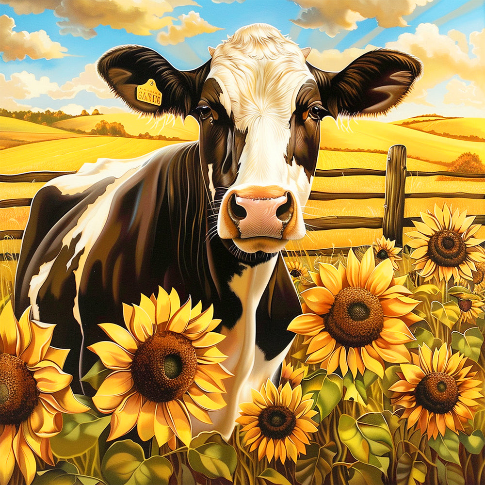 Koe in Zonnebloemstruik Diamond Painting