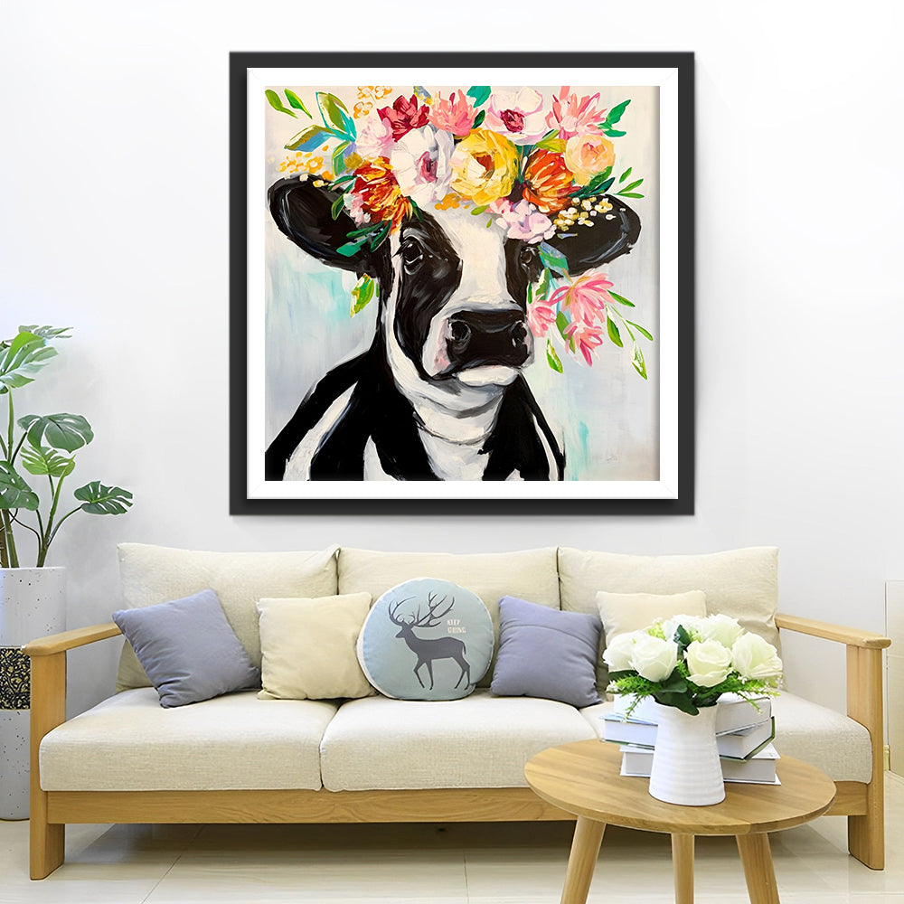 Koe met Bloemenkrans Diamond Painting