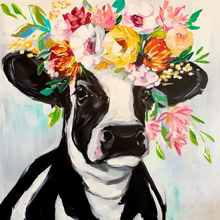 Koe met Bloemenkrans Diamond Painting