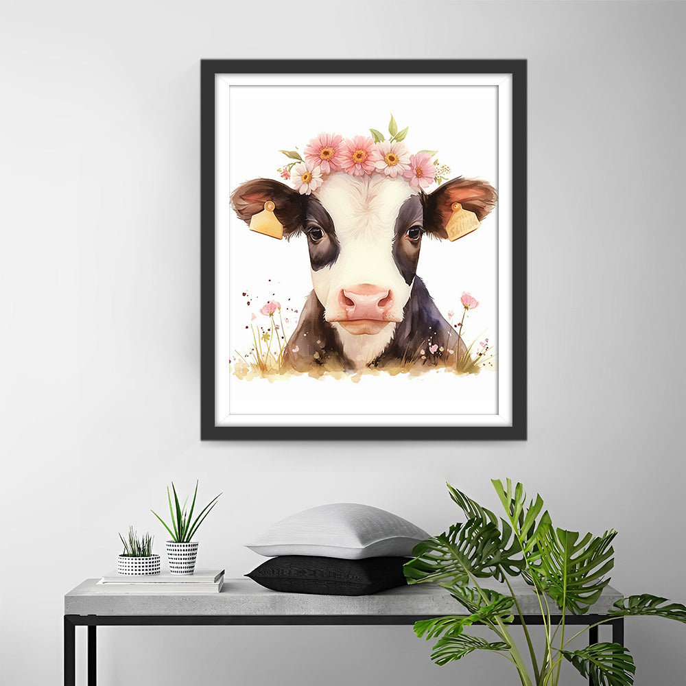 Koe met Roze Bloemen Diamond Painting