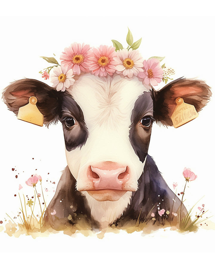 Koe met Roze Bloemen Diamond Painting