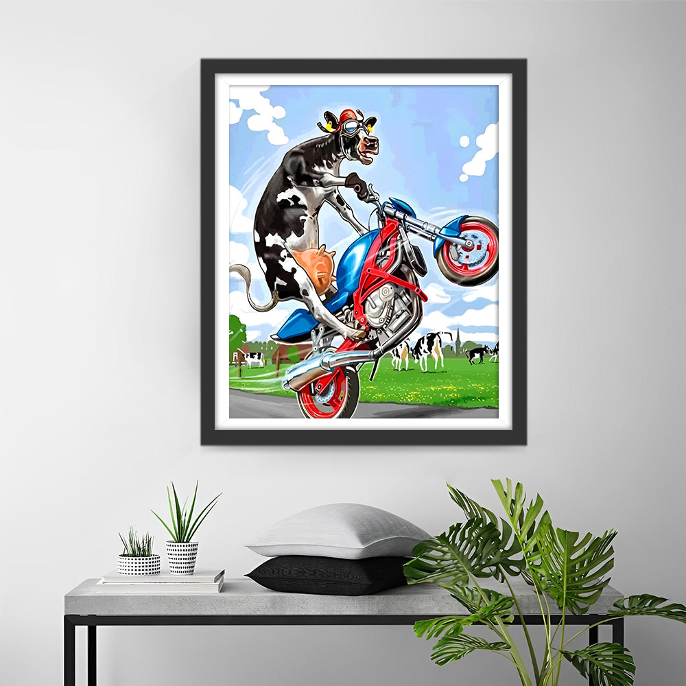 Koe Rijder op een Motorfiets Diamond Painting