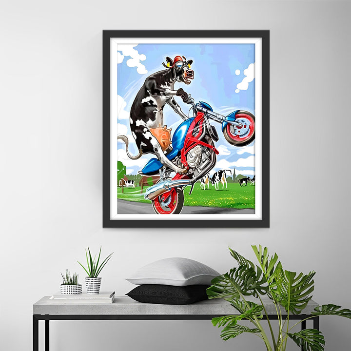 Koe Rijder op een Motorfiets Diamond Painting