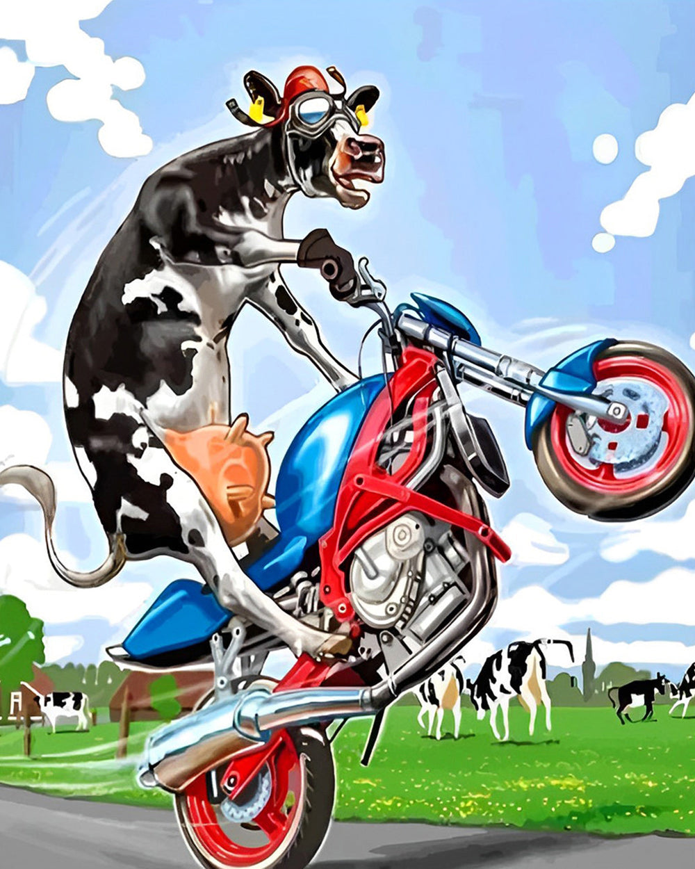 Koe Rijder op een Motorfiets Diamond Painting