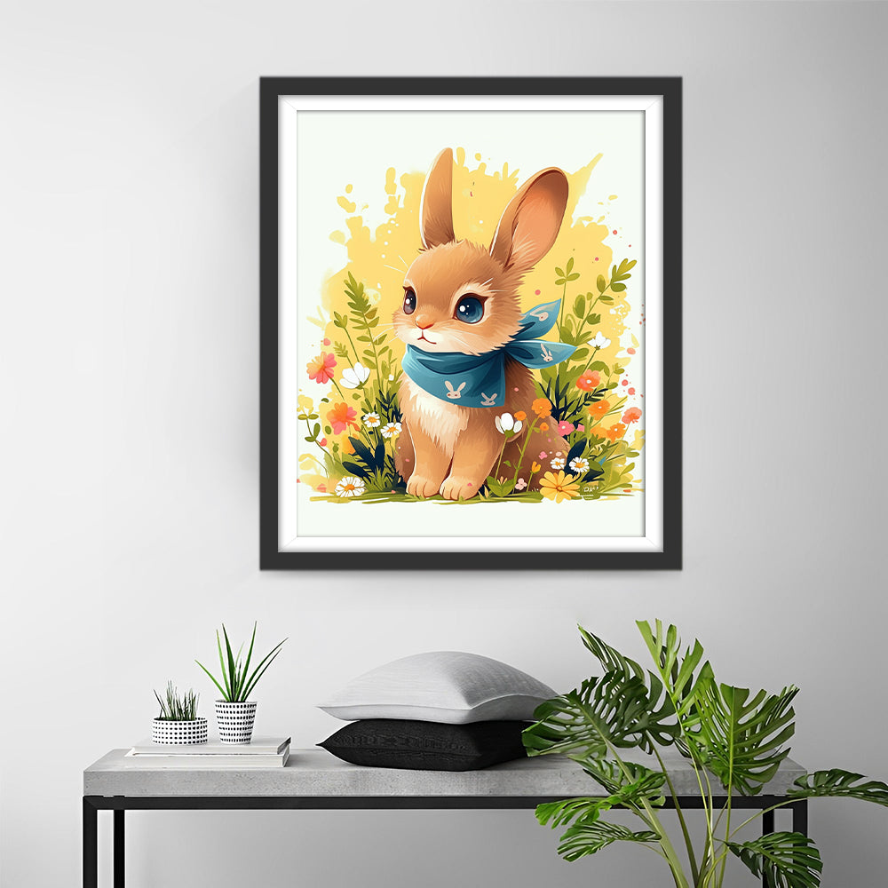 Konijn met een Konijnensjaal in de Bloemen Diamond Painting