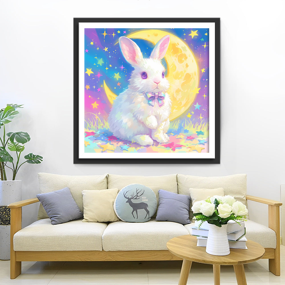 Konijn onder Kleurrijke Sterren en Gele Maan Diamond Painting