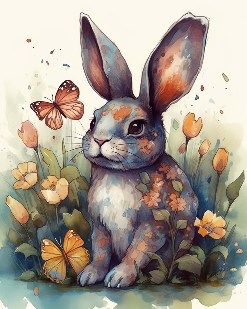 Konijn, Vlinder en Bloemen Diamond Painting