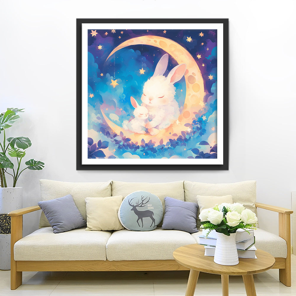 Konijnenmoeder en -baby op de Maanschijf Diamond Painting