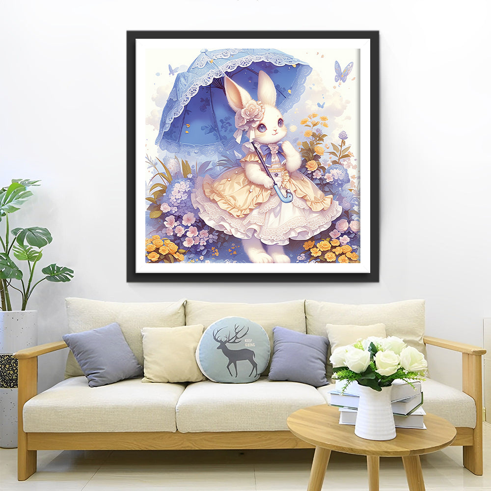 Konijntje in Prinsessenjurk met Paraplu Diamond Painting