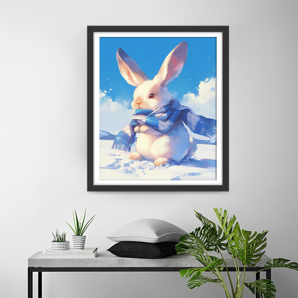 Konijntje met Blauwe en Witte Sjaal Diamond Painting