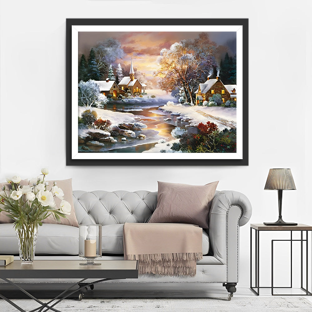 Landelijke Hutten en Rivier in de Sneeuw Diamond Painting