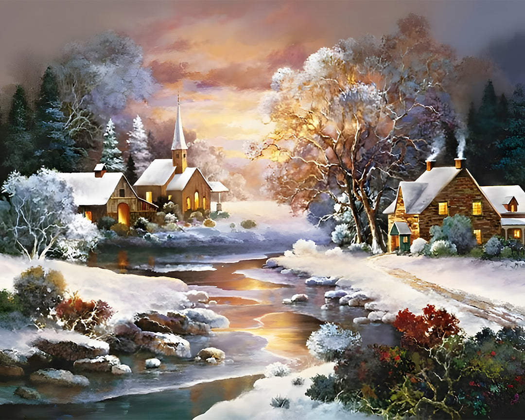 Landelijke Hutten en Rivier in de Sneeuw Diamond Painting
