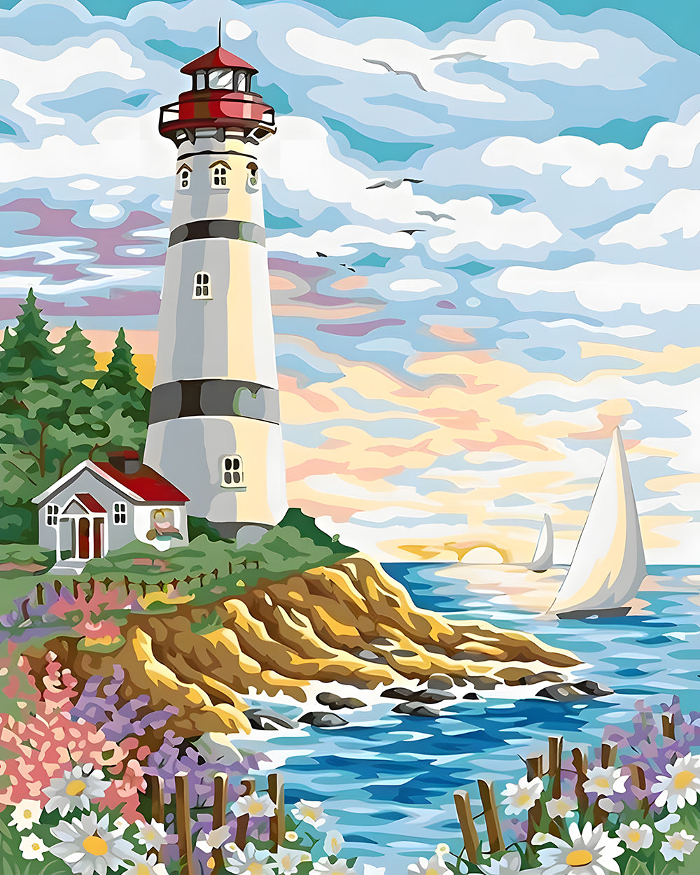 Lente Vuurtoren en Zeilboten Diamond Painting