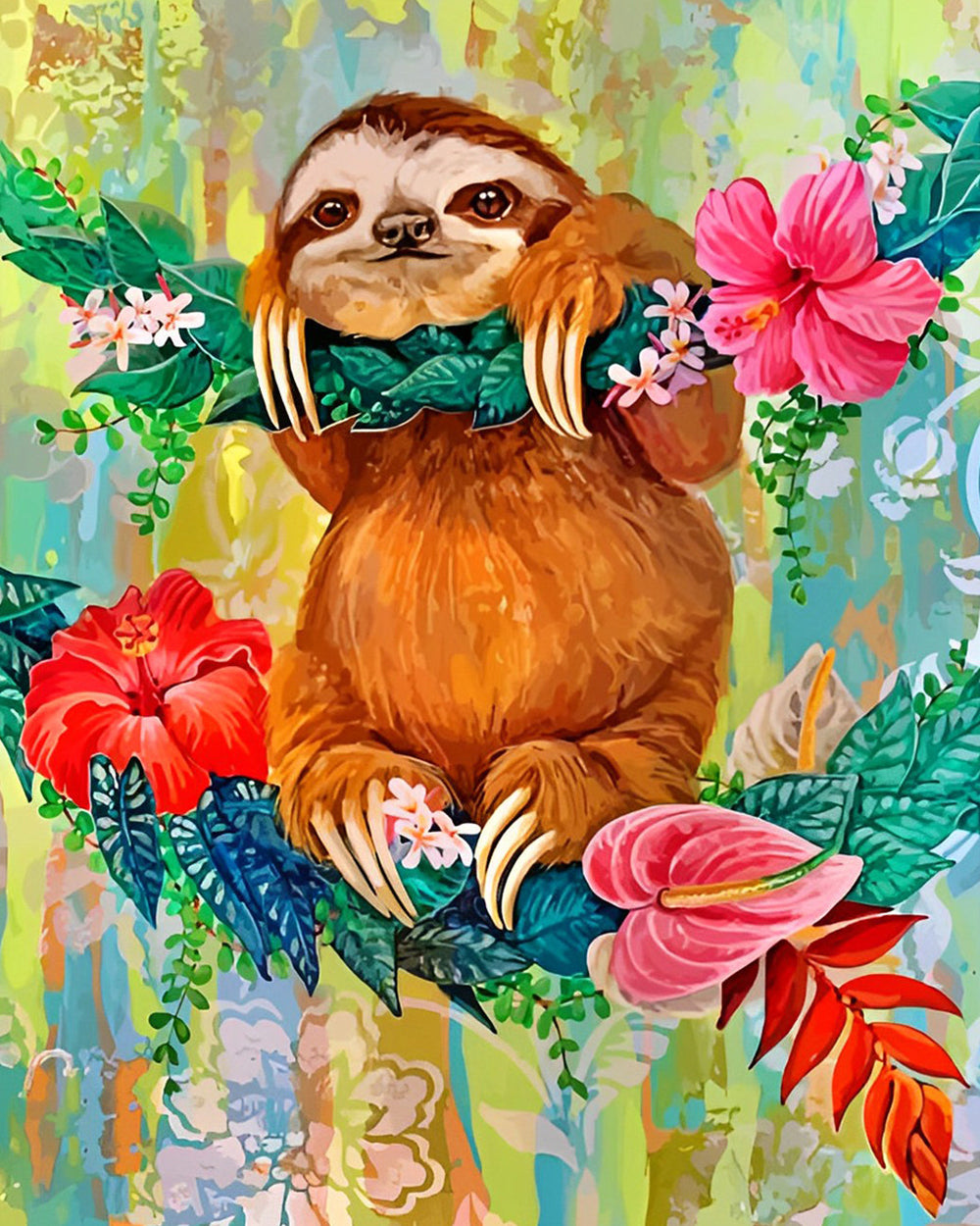 Luiaard Hangend aan een Bloemenboom Diamond Painting
