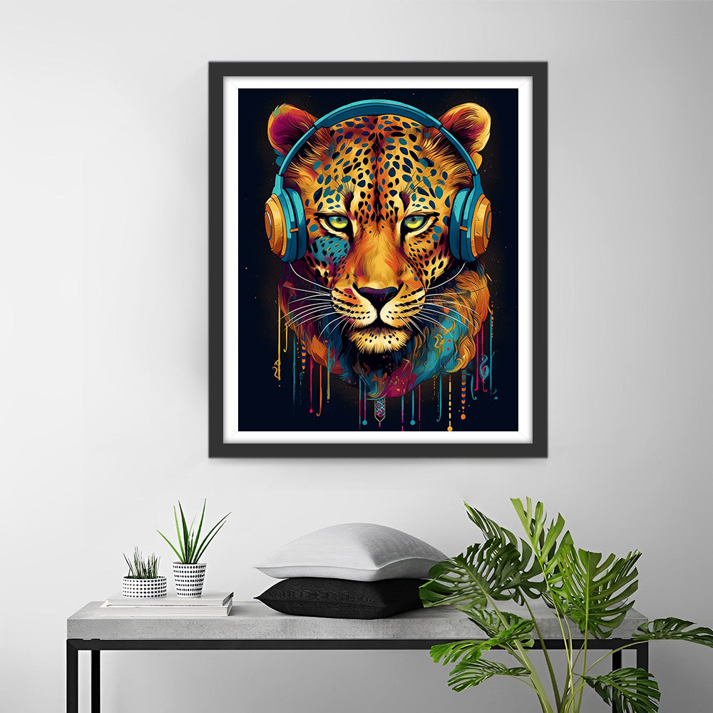Luipaard met Koptelefoon Diamond Painting